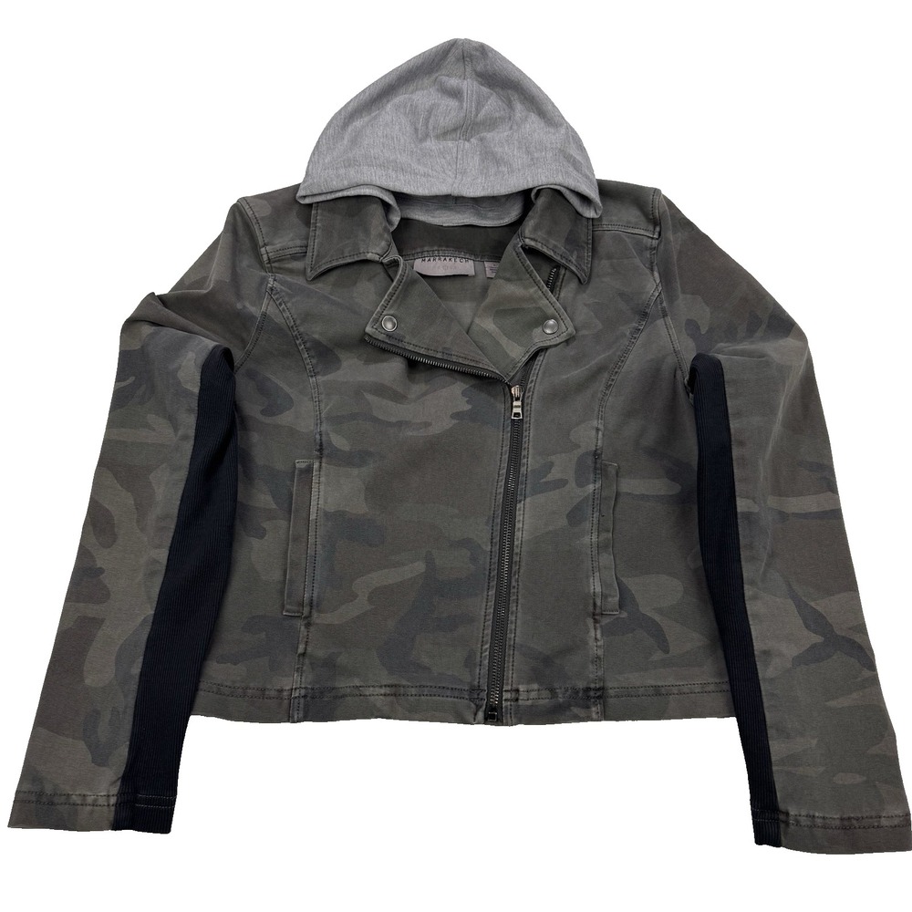 Marrakech Anthropology Jacket Women L Camo Green RR90187HD-C Removable Hood Moto